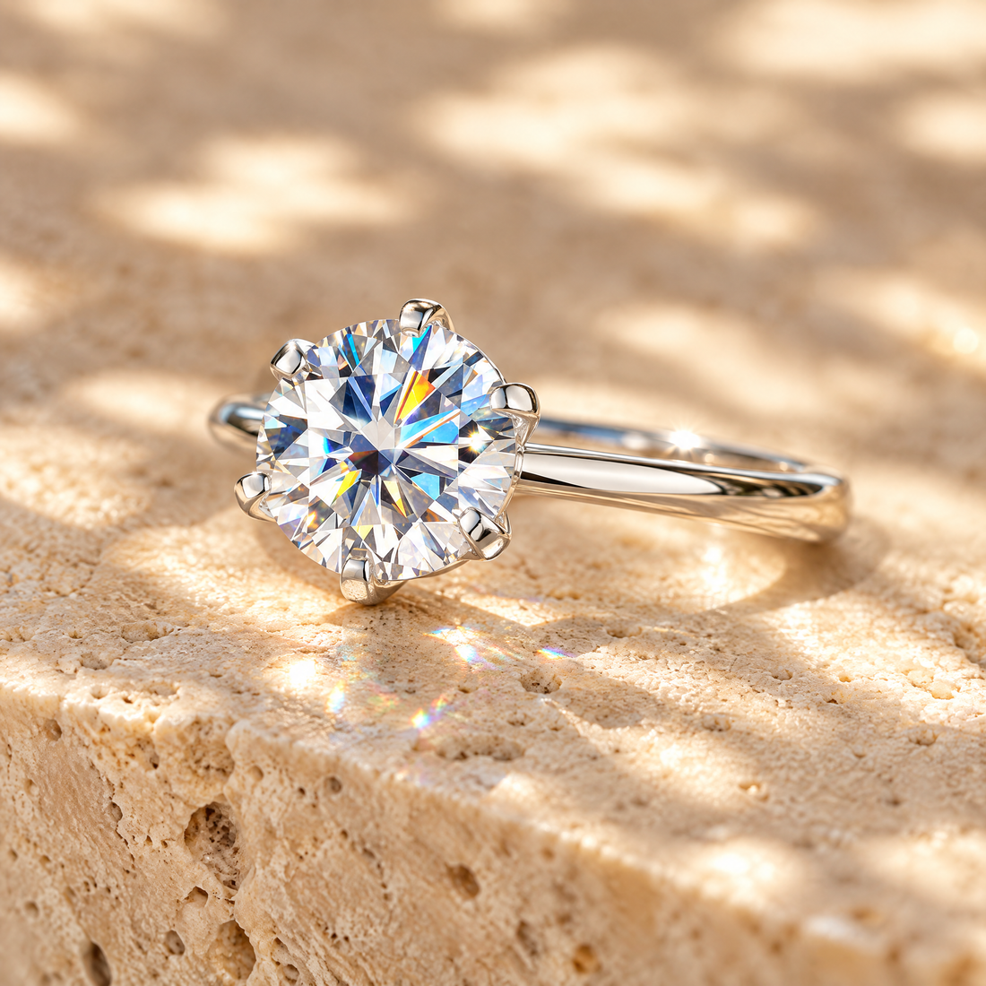 Close-up of a moissanite solitaire stone showing its sparkle and rainbow fire
