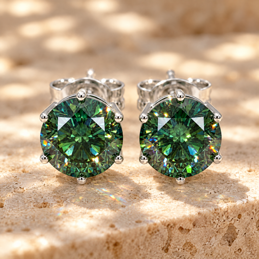 Absinthe Green Moissanite Solitaire Studs, close-up detail