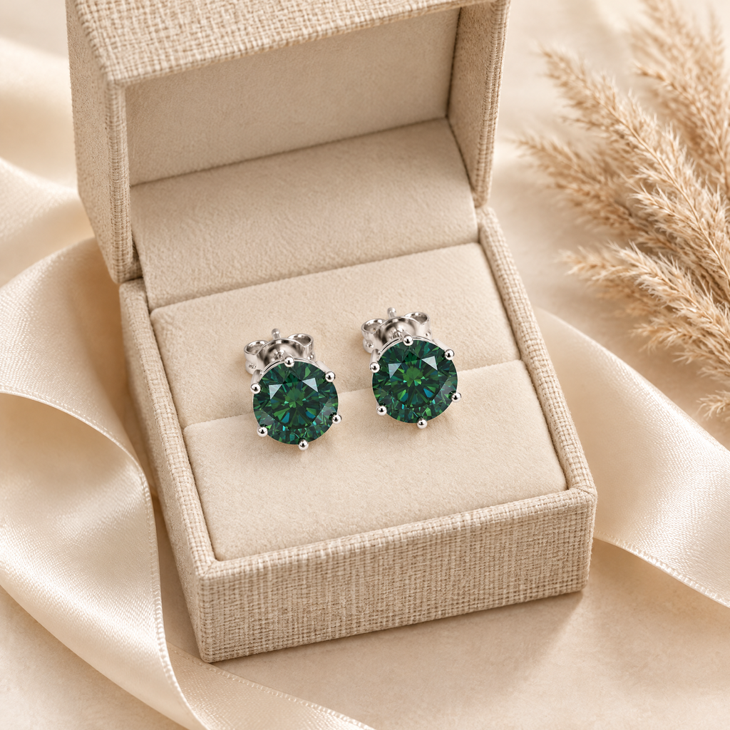 Absinthe Green Moissanite Solitaire Studs, presented in a box