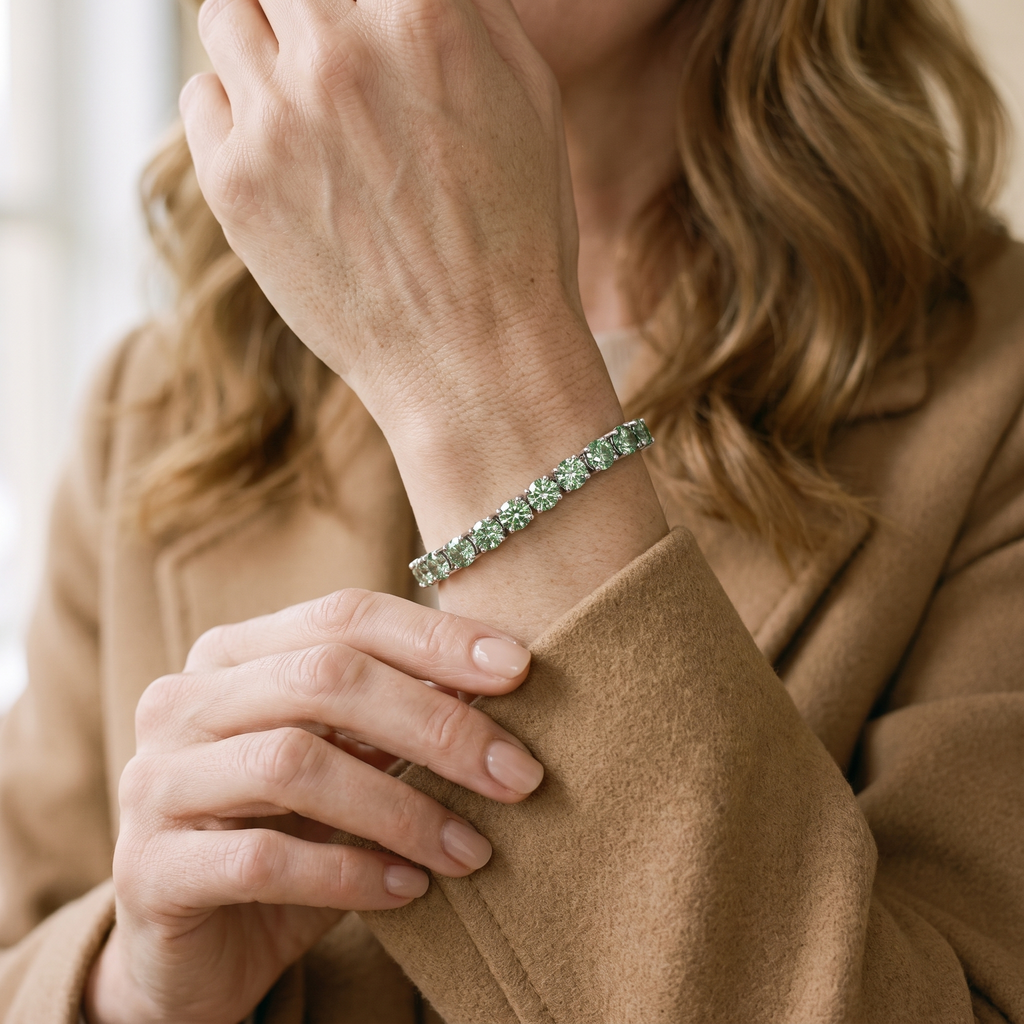 Absinthe Green Moissanite Tennis Bracelet, worn by a woman