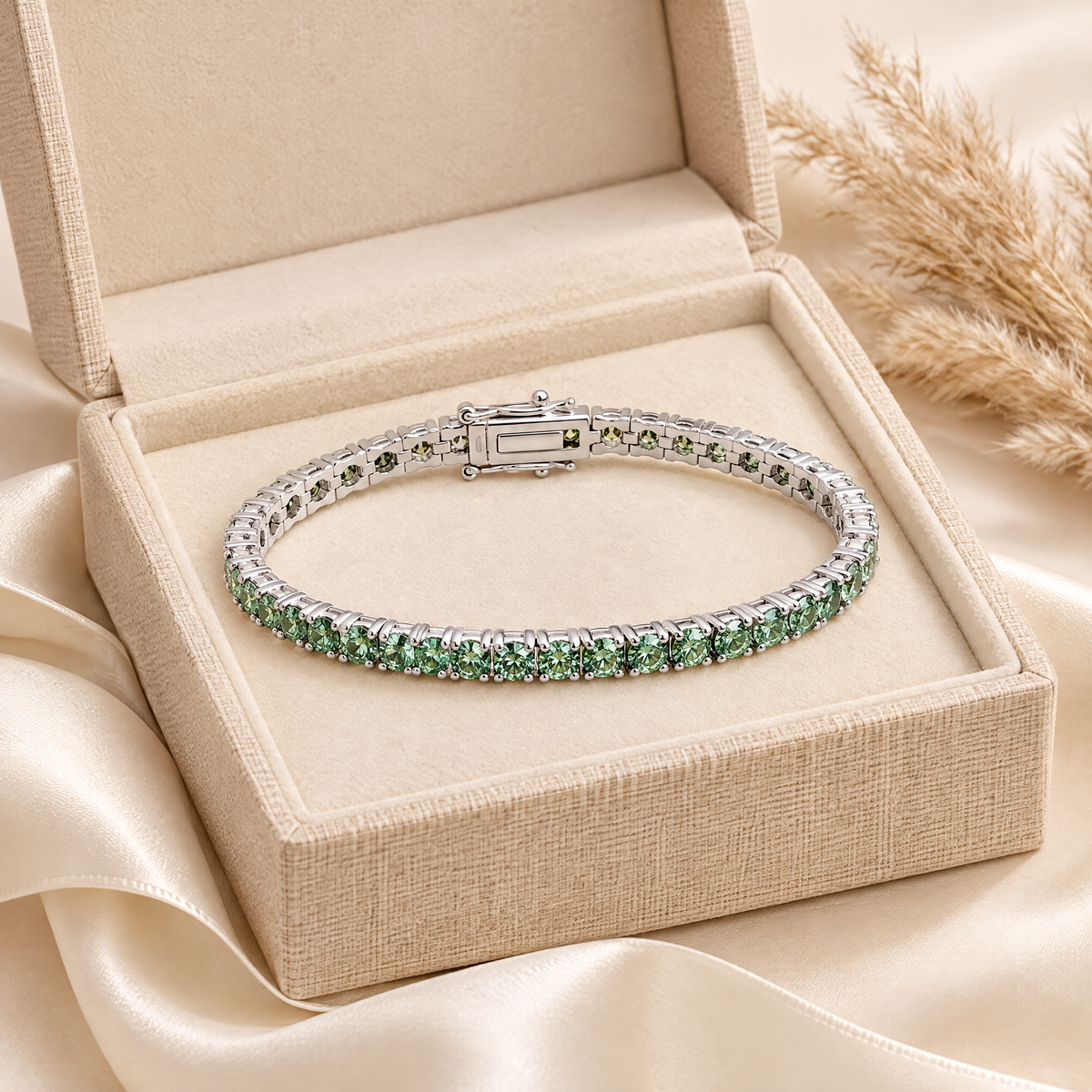 Absinthe Green Moissanite Tennis Bracelet, presented in a box