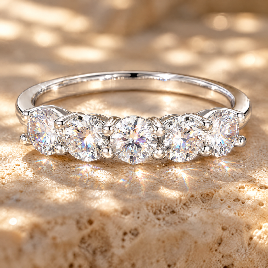 Alliance Five-Stone Moissanite Wedding Band, close-up detail