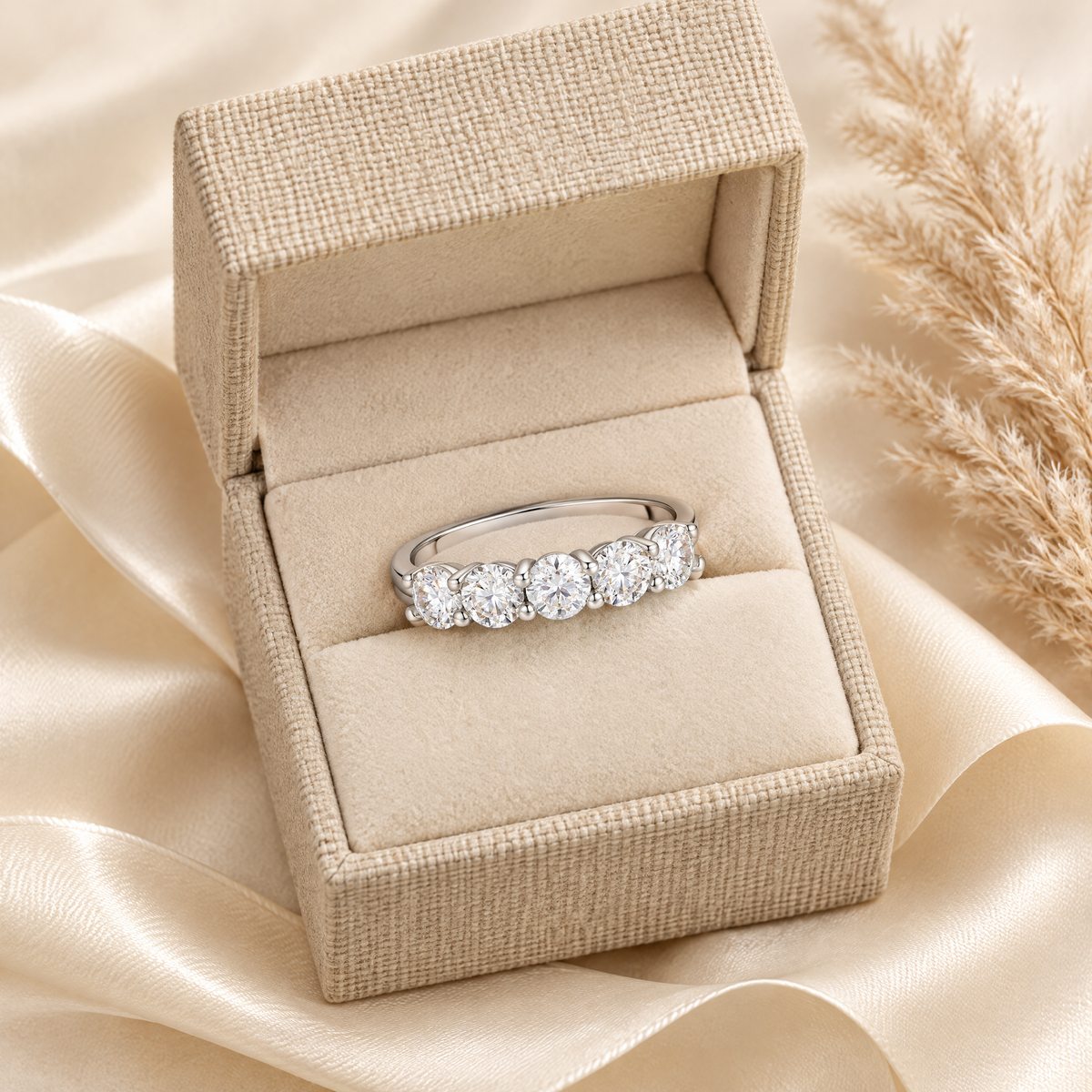 Alliance Five-Stone Moissanite Wedding Band, presented in a box