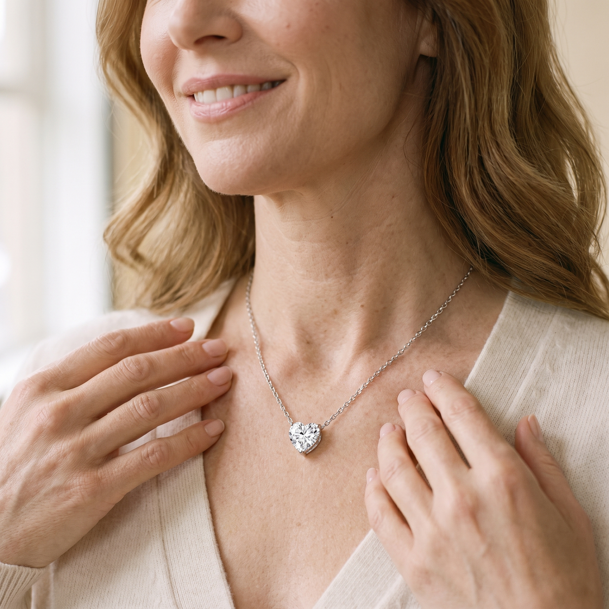 Amélie Heart Moissanite Pendant Necklace, worn by a woman