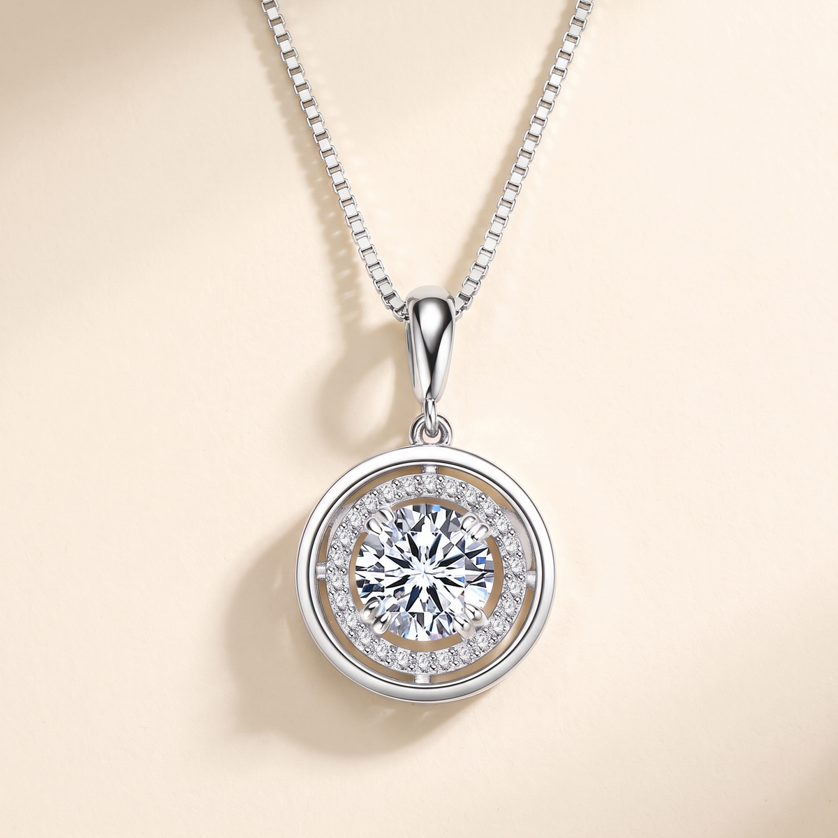 Aura Moissanite Halo Pendant Necklace in Silver