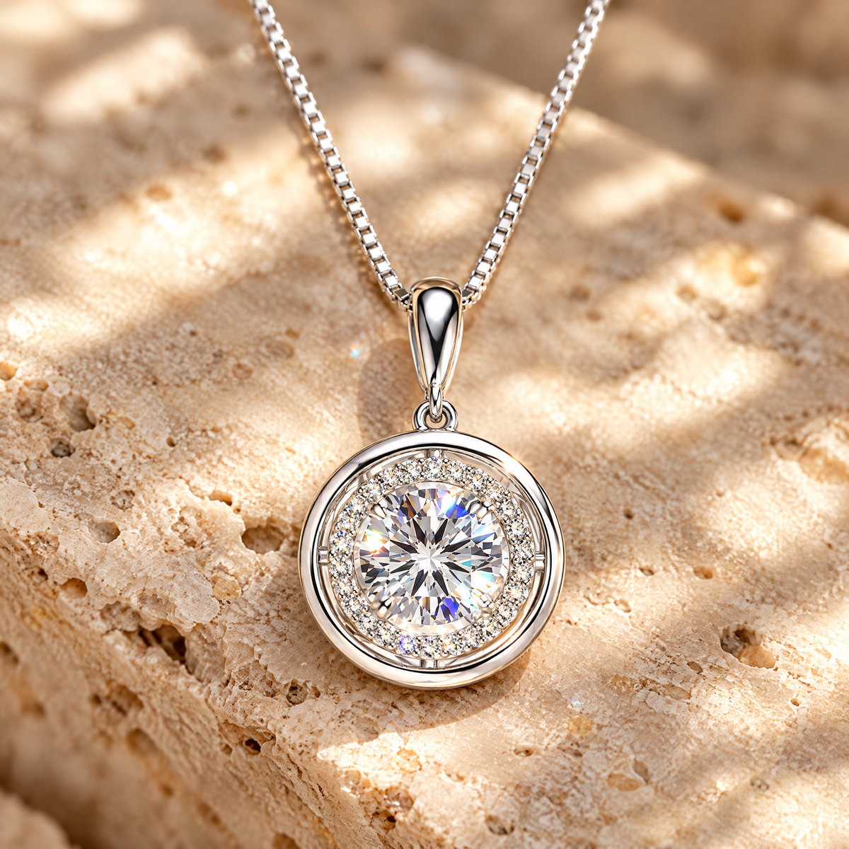 Aura Moissanite Halo Pendant Necklace, close-up detail