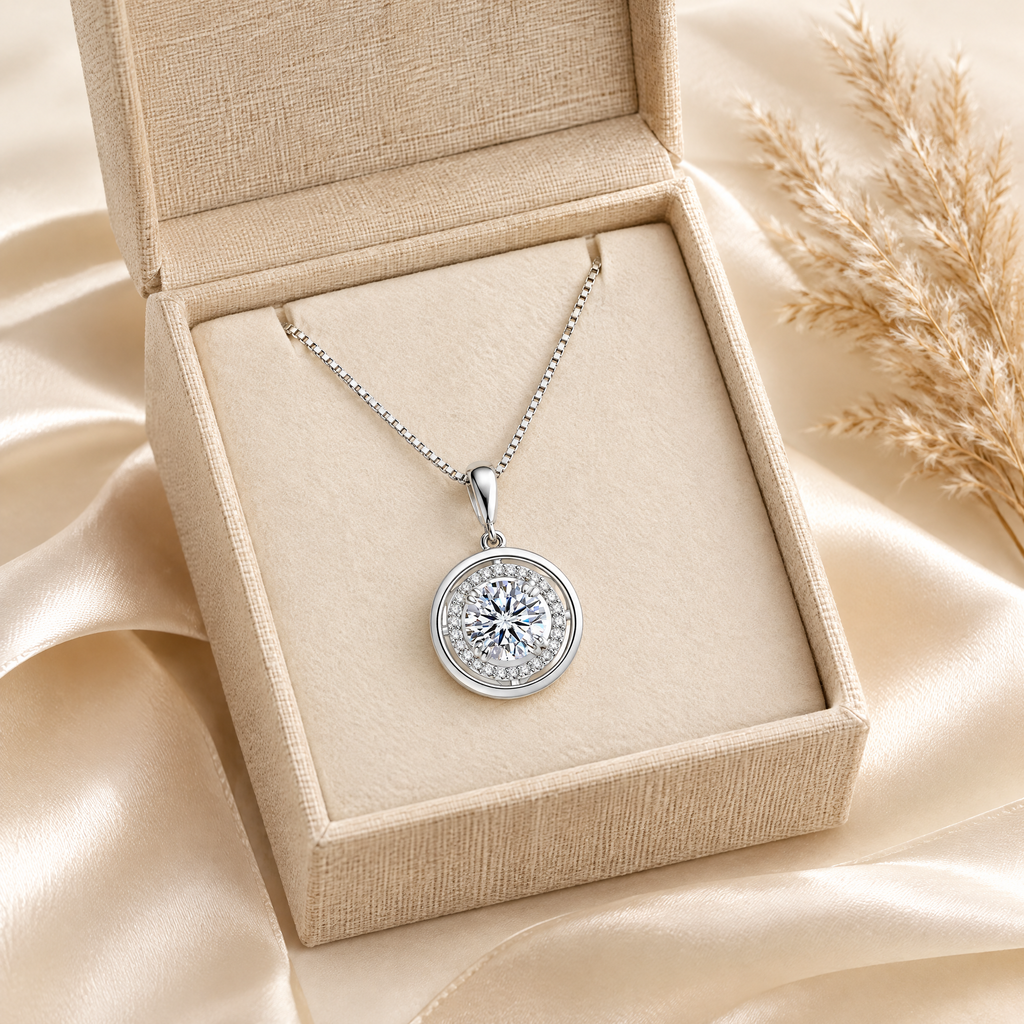 Aura Moissanite Halo Pendant Necklace, presented in a box