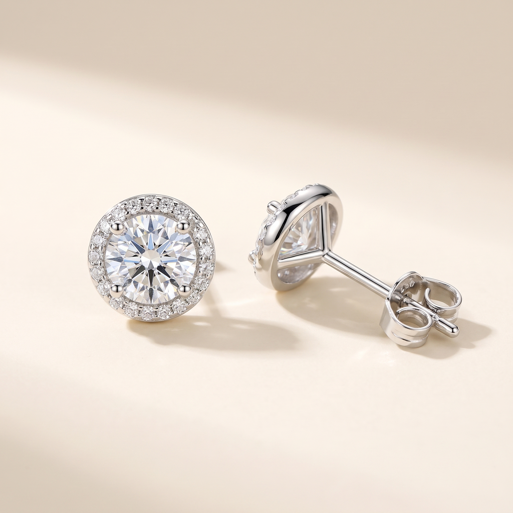 Aura Moissanite Halo Studs in Silver