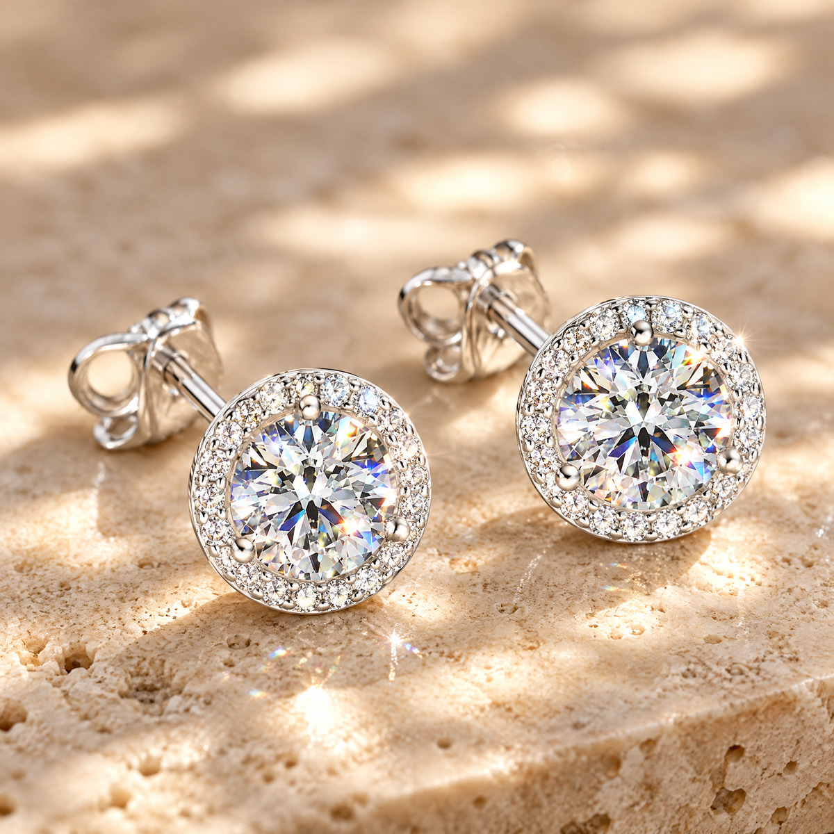 Aura Moissanite Halo Studs, close-up detail