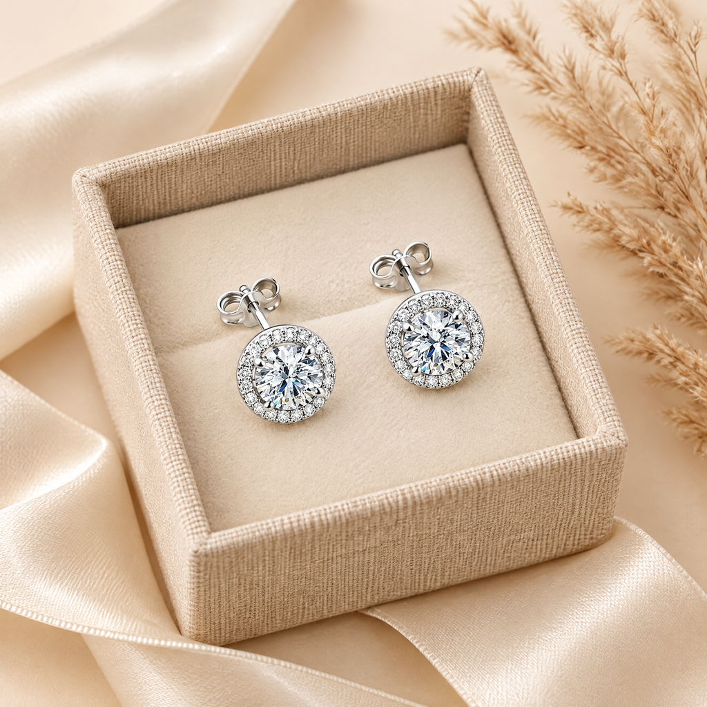 Aura Moissanite Halo Studs, presented in a box