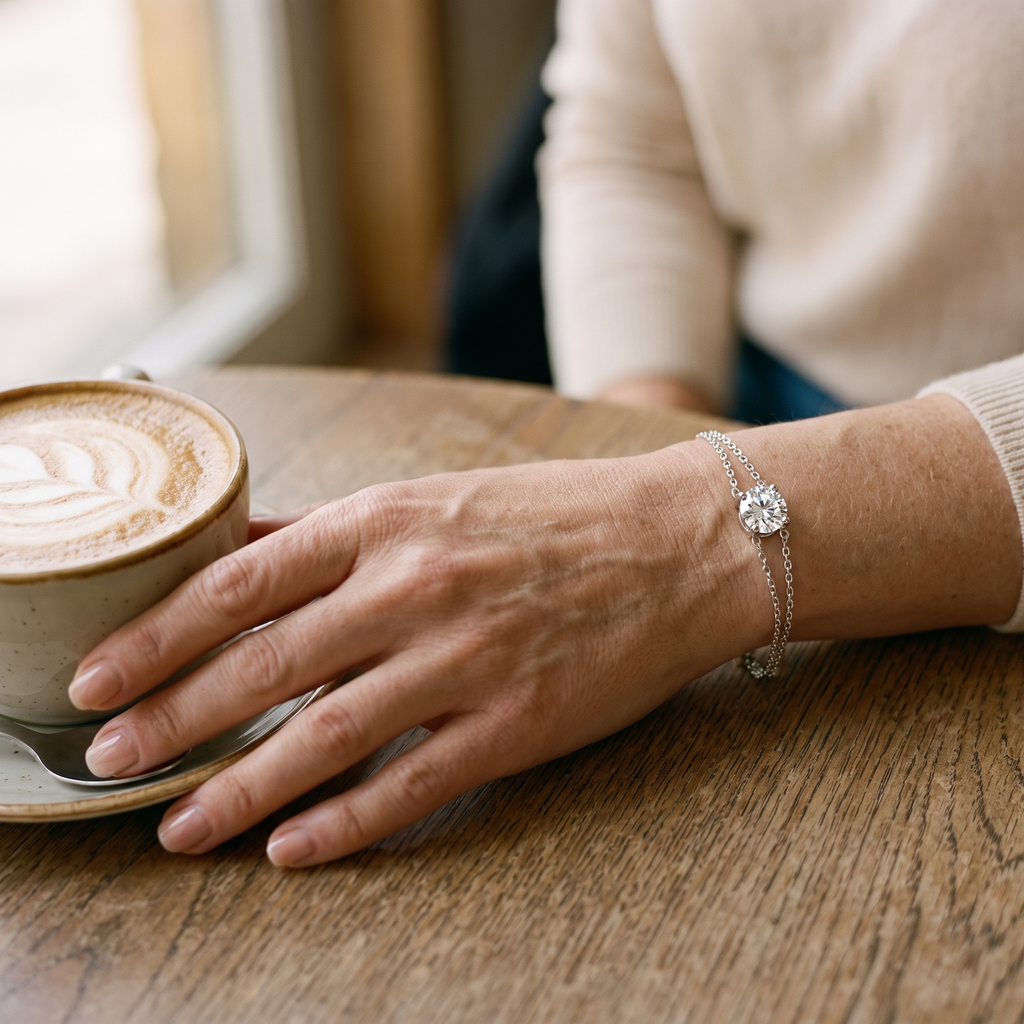 Aurore Moissanite Solitaire Chain Bracelet, worn by a woman