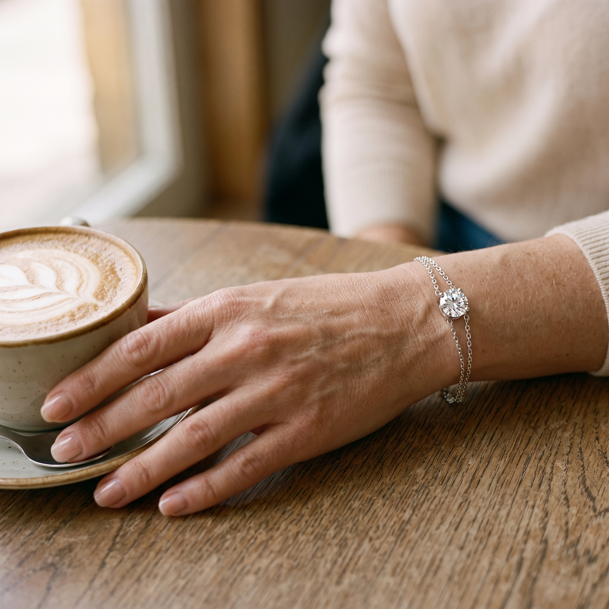 Aurore Moissanite Solitaire Chain Bracelet, worn by a woman