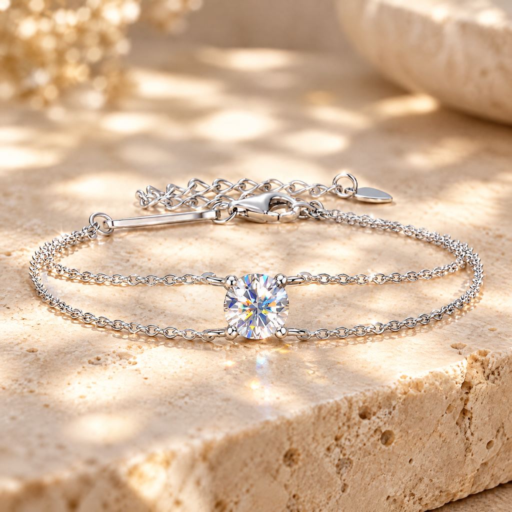 Aurore Moissanite Solitaire Chain Bracelet, close-up detail