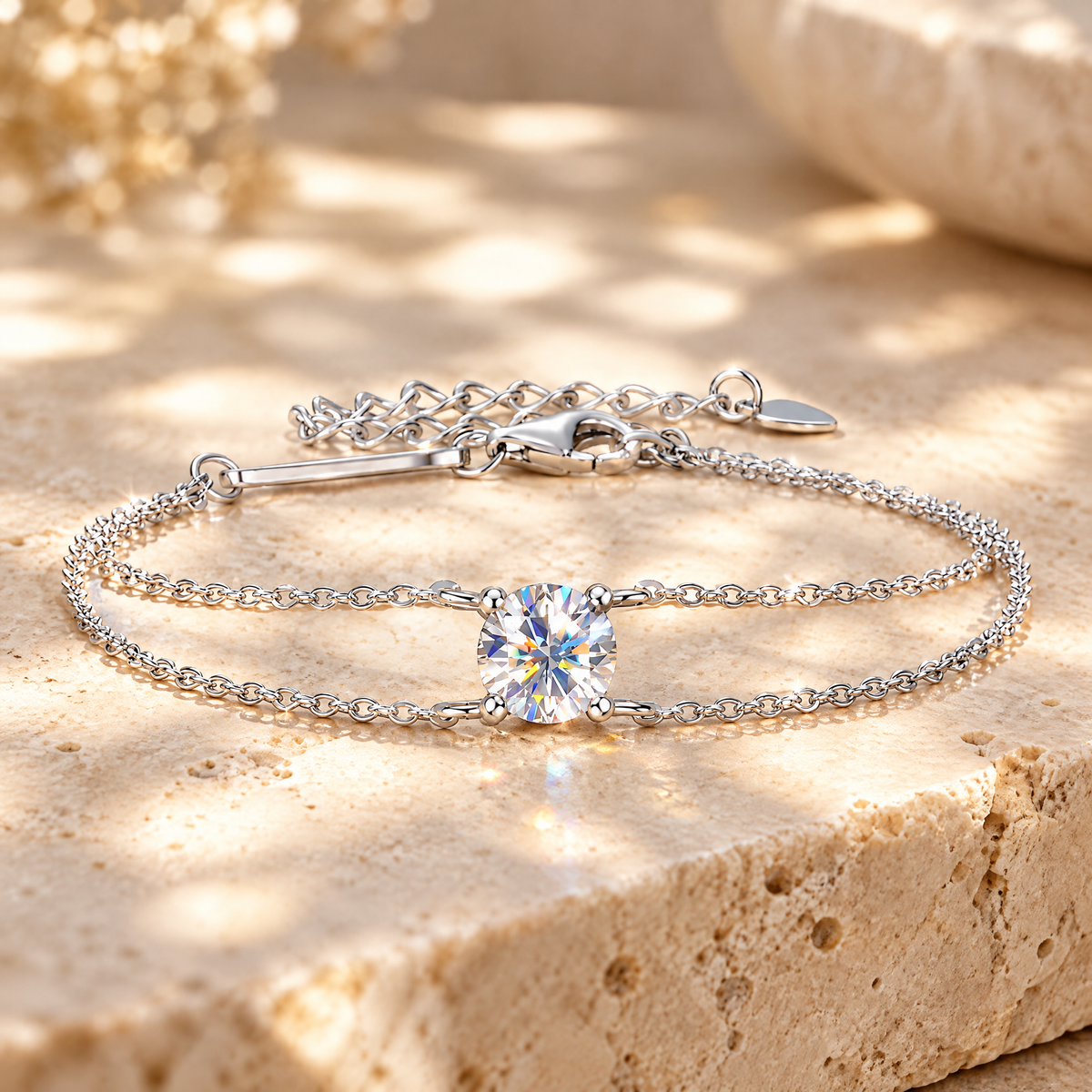 Aurore Moissanite Solitaire Chain Bracelet, close-up detail