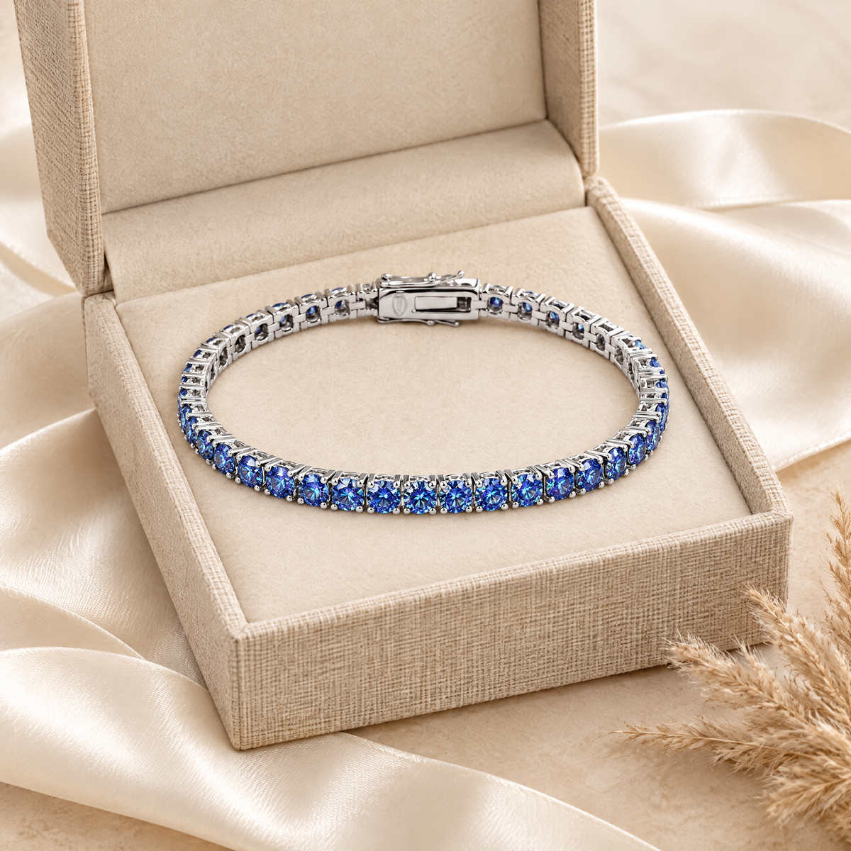 Azur Blue Moissanite Tennis Bracelet, presented in a box
