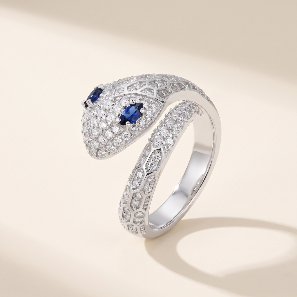 Azura Blue-Eyed Moissanite Snake Ring in White Gold