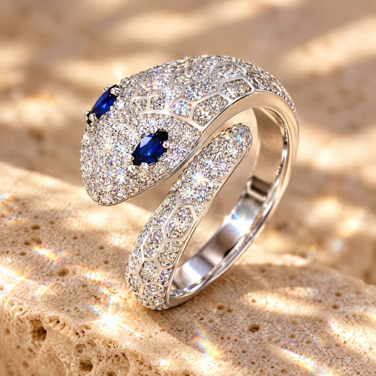 Azura Blue-Eyed Moissanite Snake Ring, close-up detail