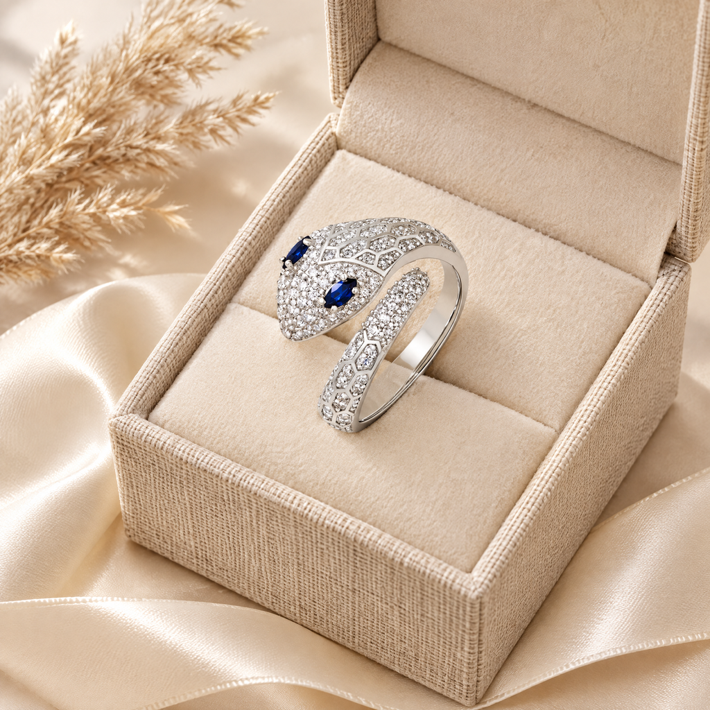 Azura Blue-Eyed Moissanite Snake Ring, presented in a box