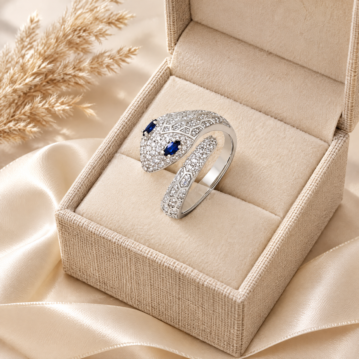 Azura Blue-Eyed Moissanite Snake Ring, presented in a box