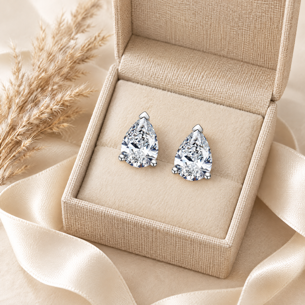Blanche Pear-Cut Moissanite Studs, presented in a box