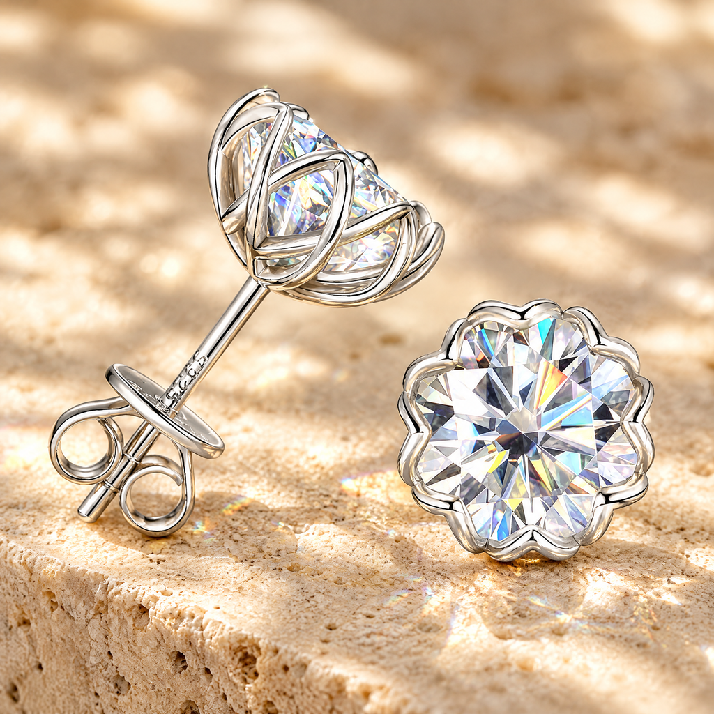Camélia Moissanite Flower Studs, close-up detail