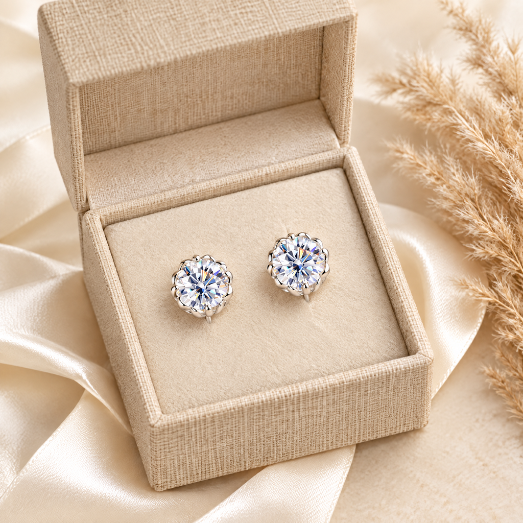 Camélia Moissanite Flower Studs, presented in a box
