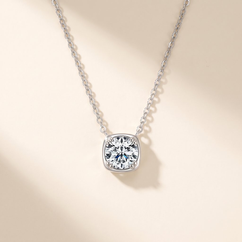 Camille Cushion Bezel Moissanite Necklace in Silver