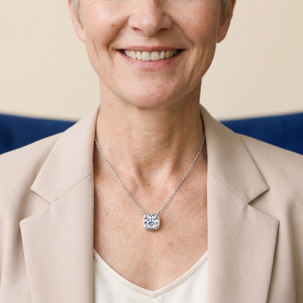 Camille Cushion Bezel Moissanite Necklace, worn by a woman