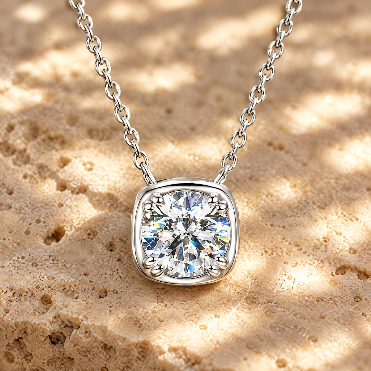 Camille Cushion Bezel Moissanite Necklace, close-up detail