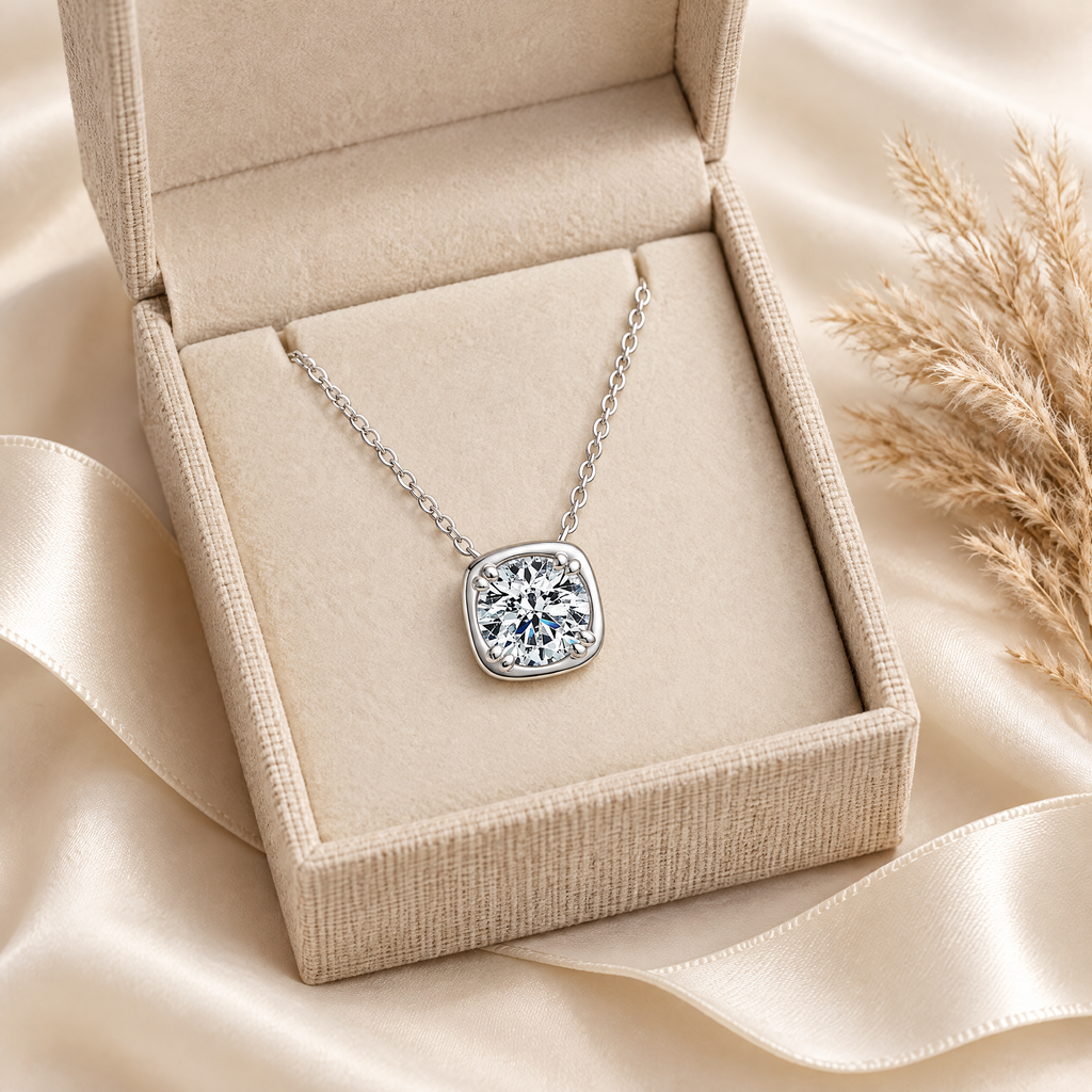Camille Cushion Bezel Moissanite Necklace, presented in a box