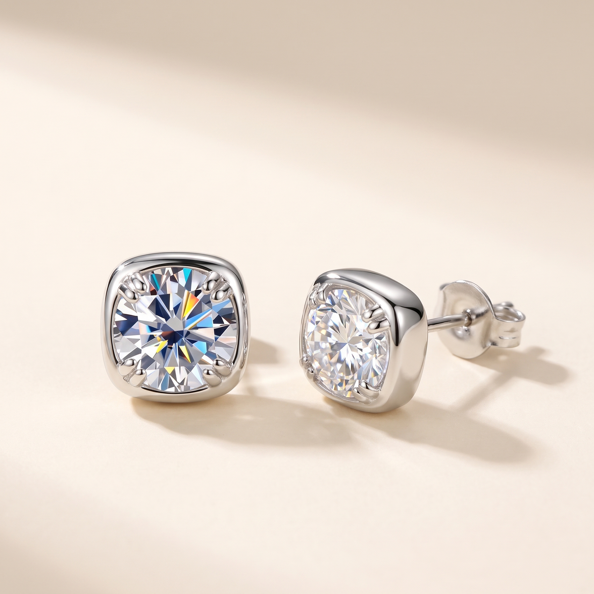 Camille Cushion Bezel Moissanite Studs in Silver