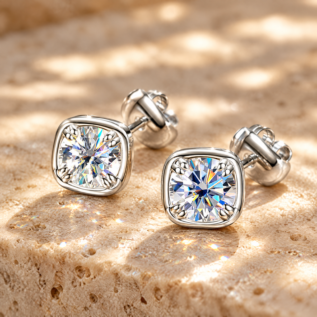 Camille Cushion Bezel Moissanite Studs, close-up detail