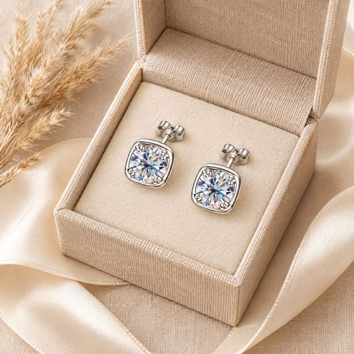 Camille Cushion Bezel Moissanite Studs, presented in a box