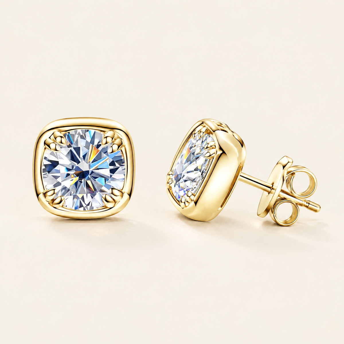 Camille Cushion Bezel Moissanite Studs in Gold