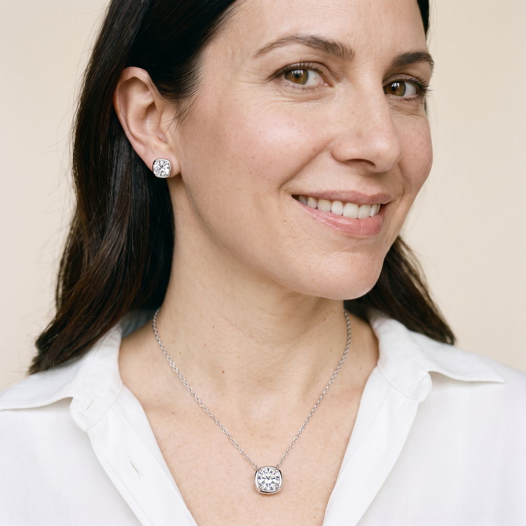 Camille Moissanite Necklace & Studs Set, worn by a woman