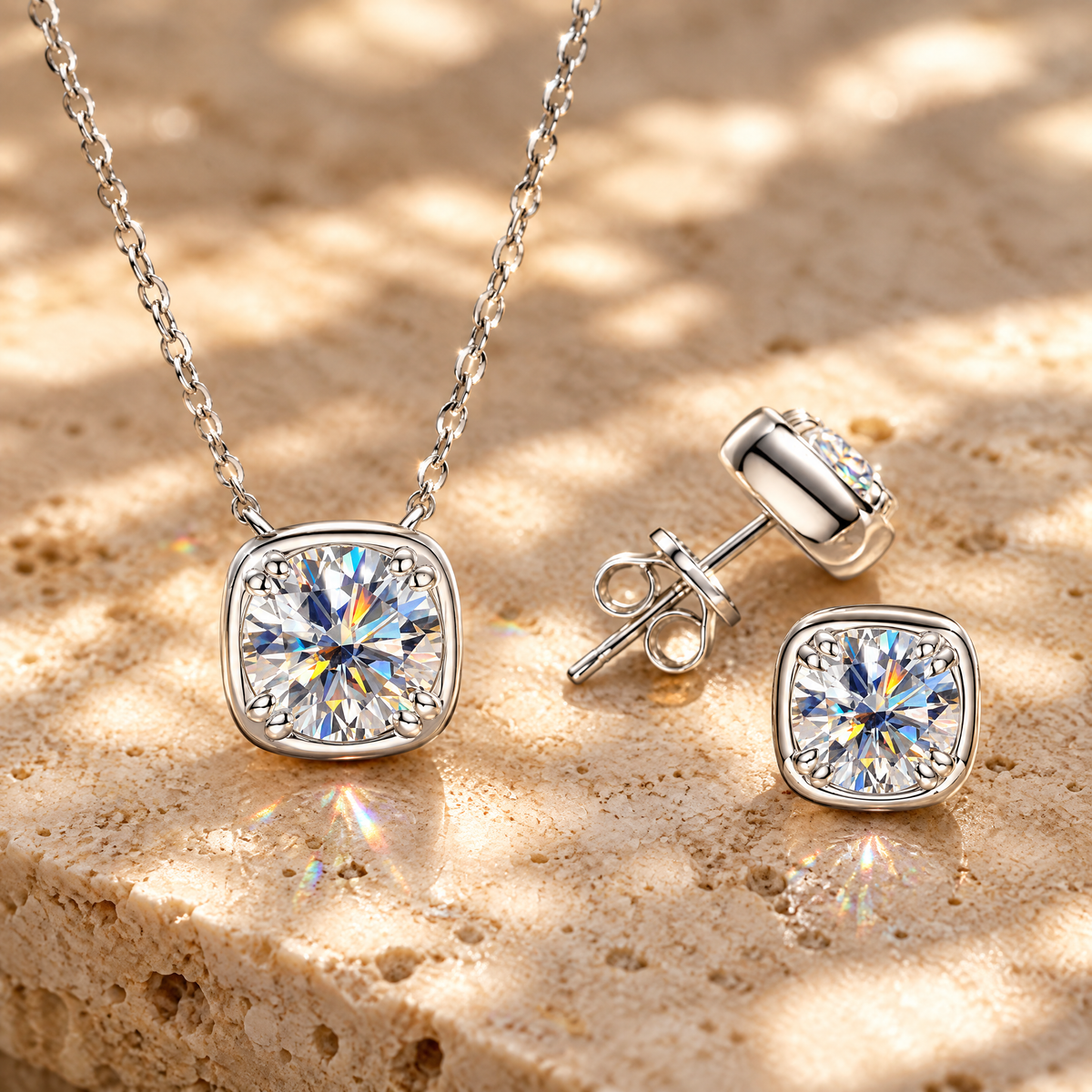 Camille Moissanite Necklace & Studs Set, close-up detail