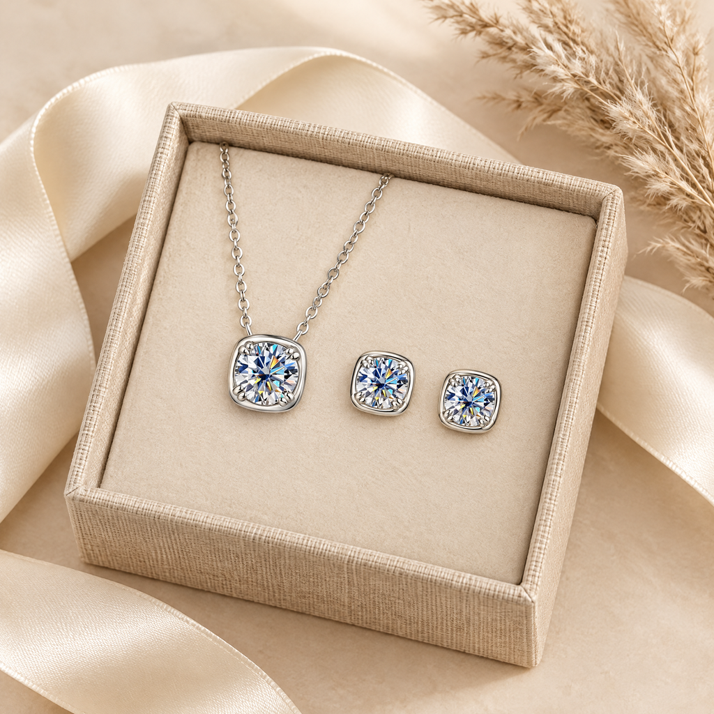 Camille Moissanite Necklace & Studs Set, presented in a box