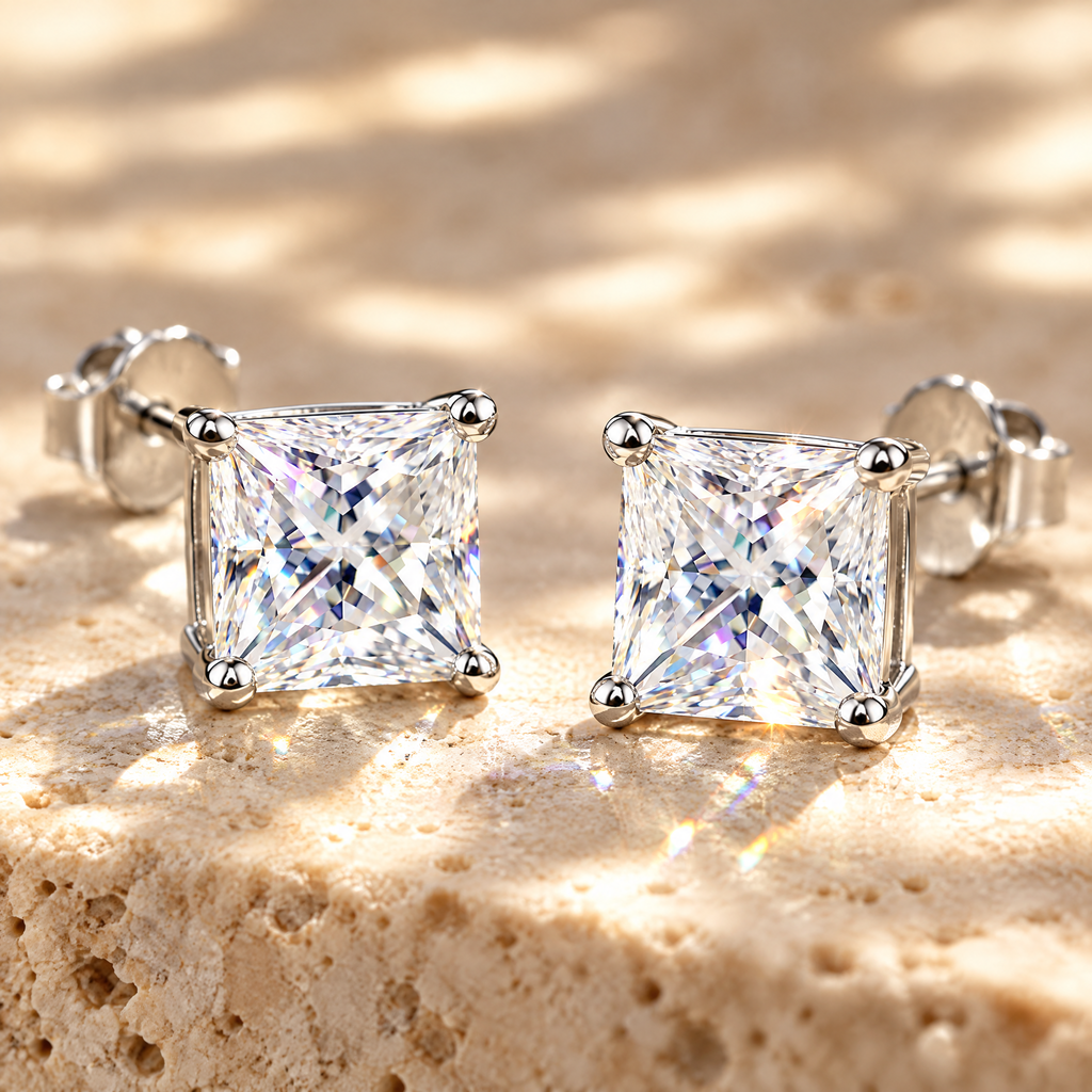 Carré Princess-Cut Moissanite Studs, close-up detail