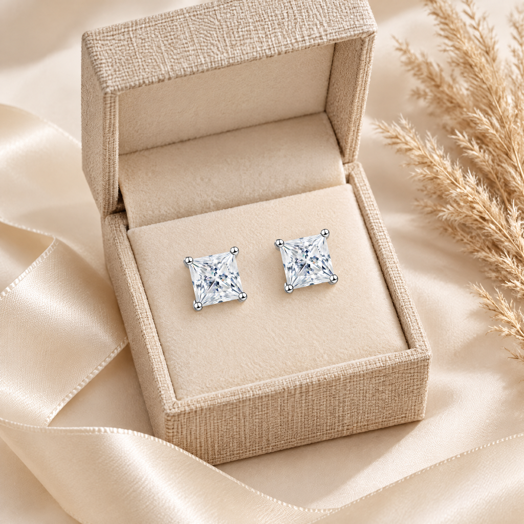 Carré Princess-Cut Moissanite Studs, presented in a box