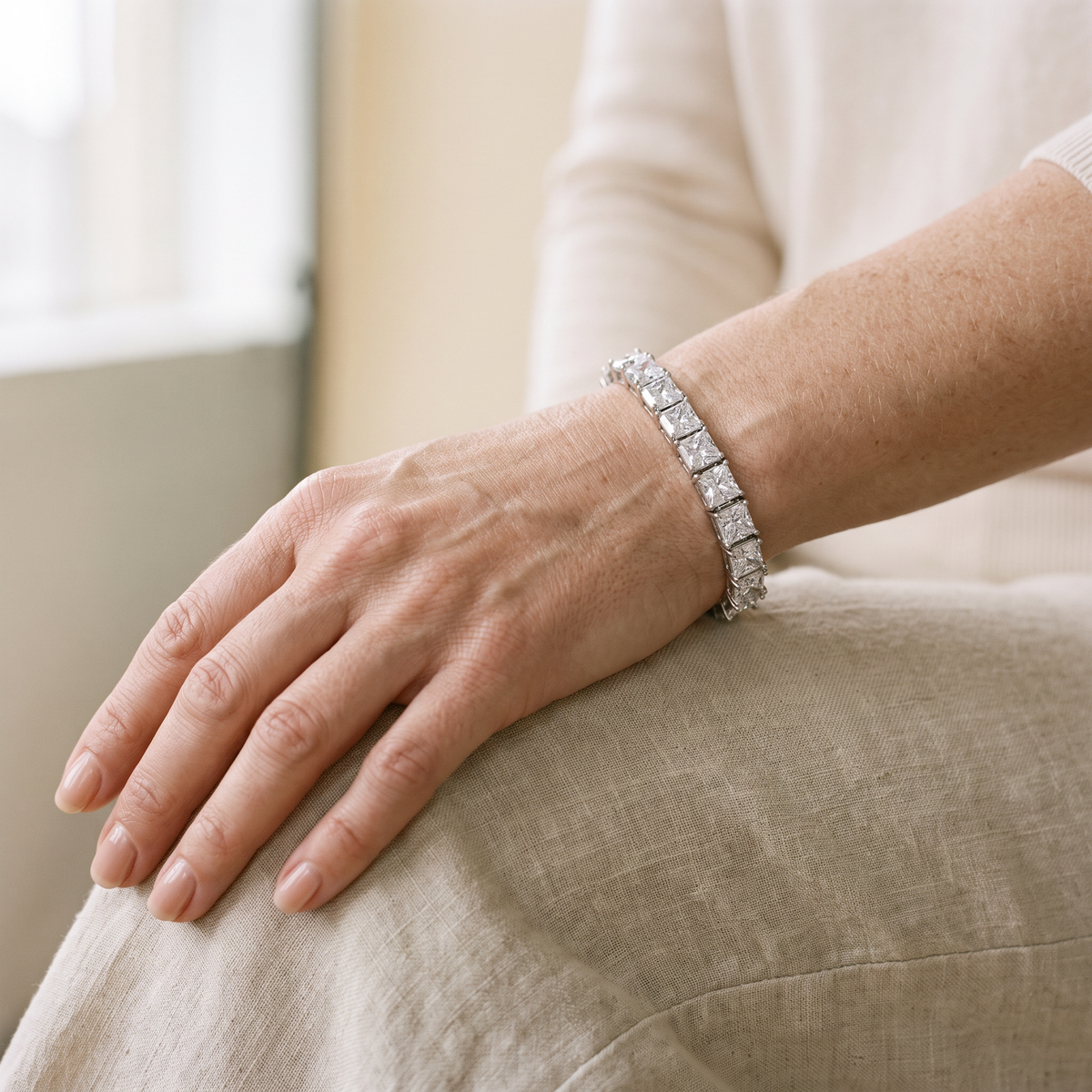 Carré Princess-Cut Moissanite Tennis Bracelet, worn by a woman