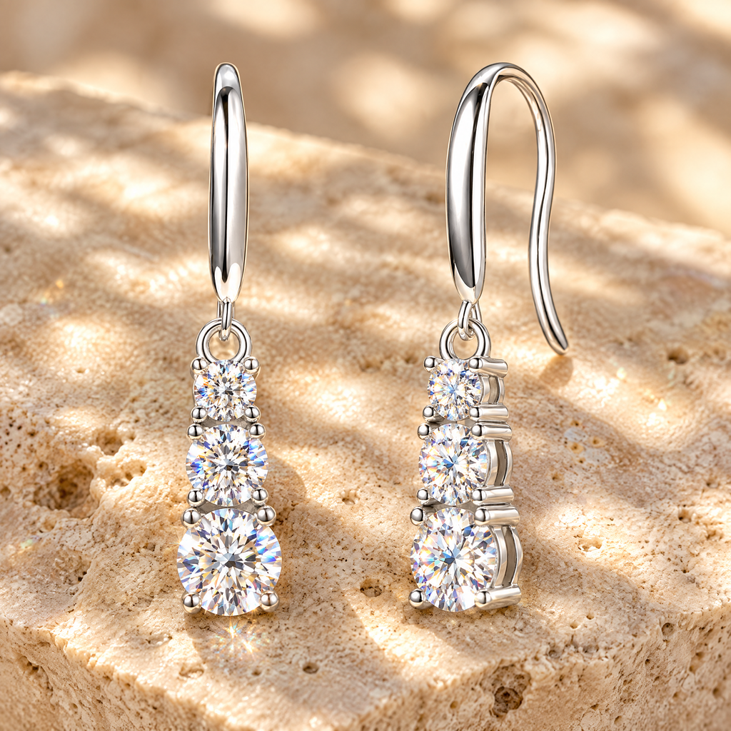 Cascade Three-Stone Moissanite Drop Earrings, close-up detail