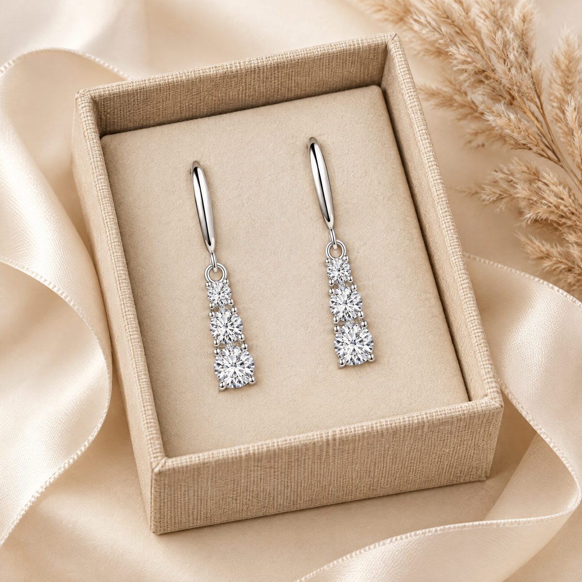 Cascade Three-Stone Moissanite Drop Earrings, presented in a box