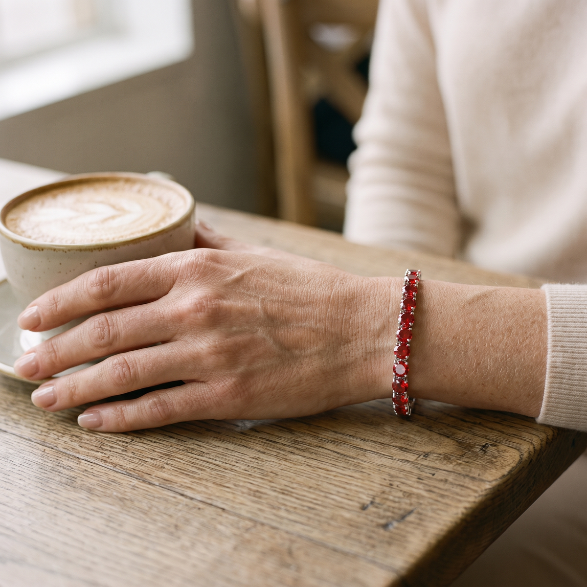 Cerise Red Moissanite Tennis Bracelet, worn by a woman