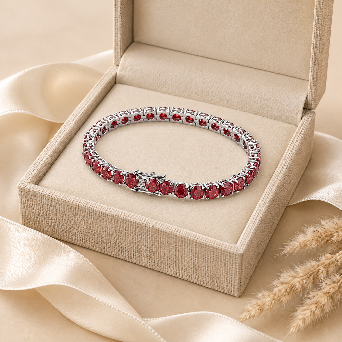 Cerise Red Moissanite Tennis Bracelet, presented in a box