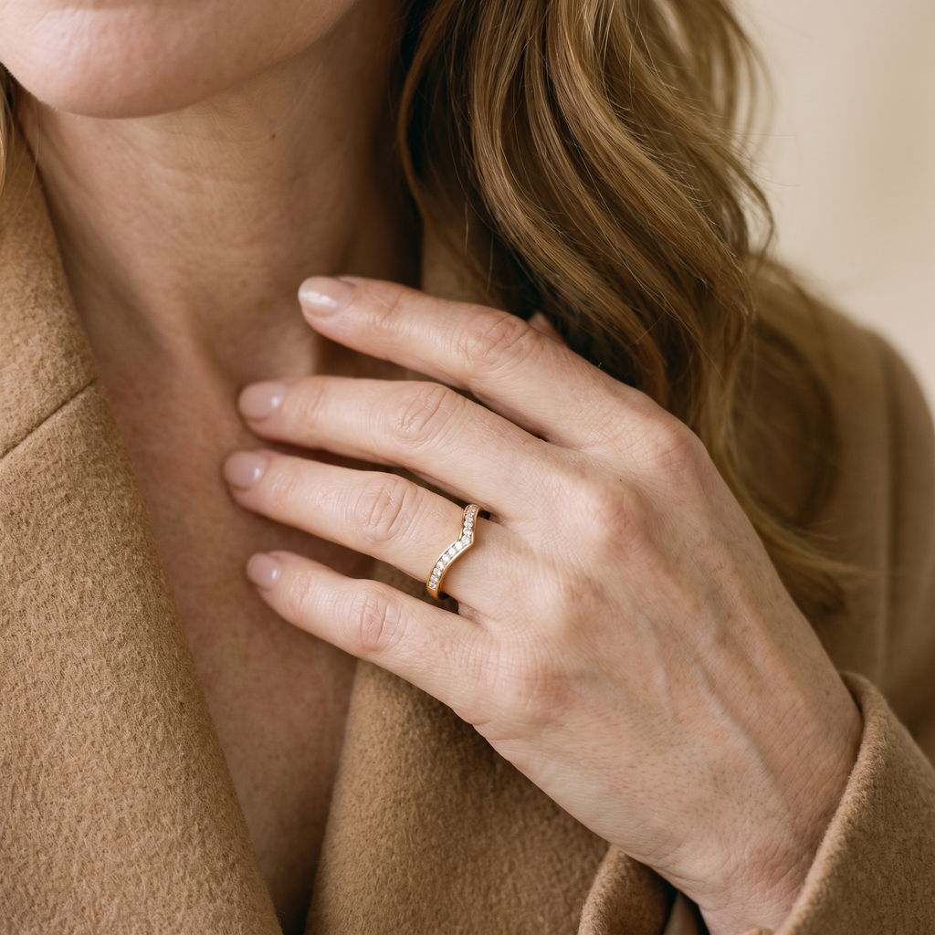 Chevron V Moissanite Wedding Band, 14K Gold Filled, worn by a woman