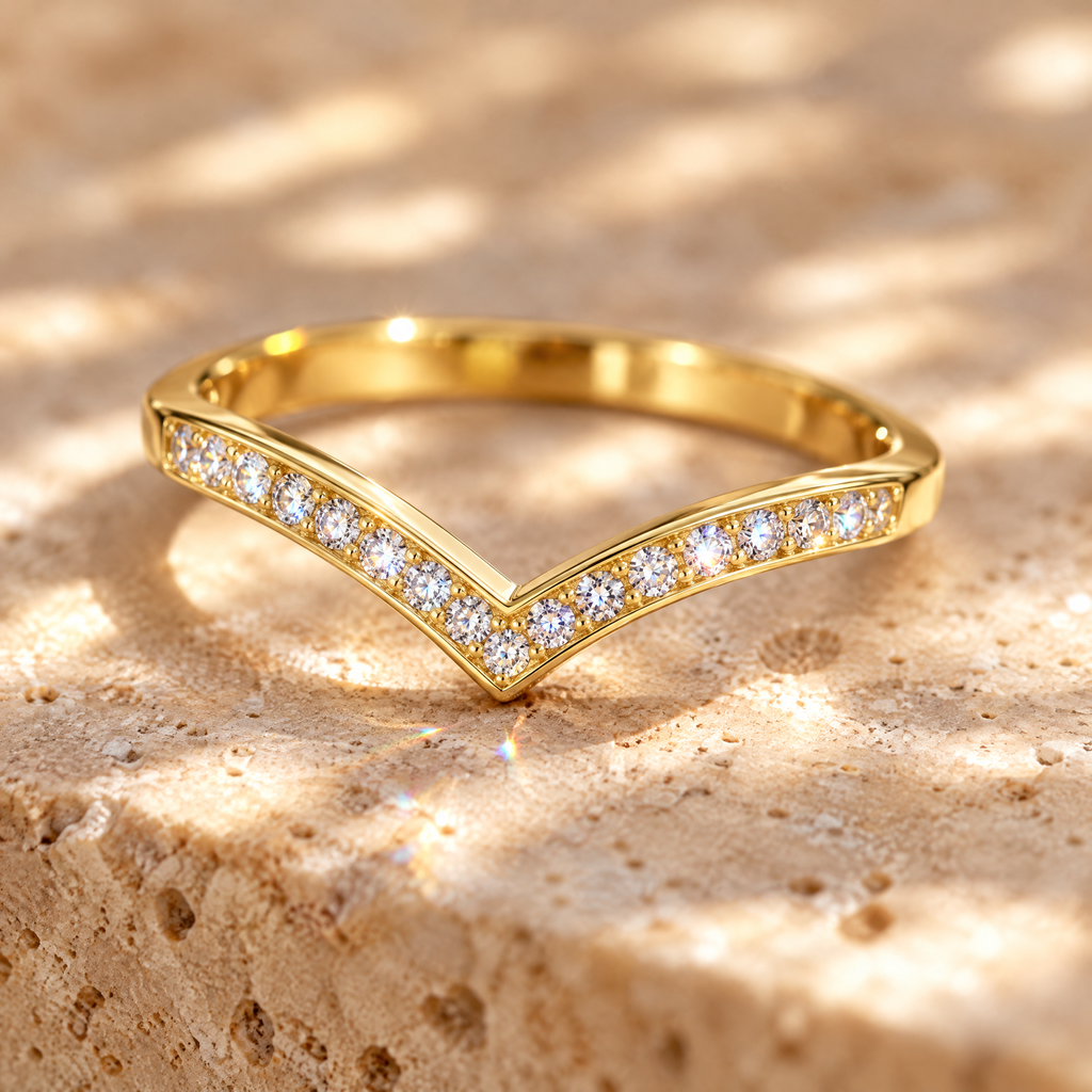 Chevron V Moissanite Wedding Band, 14K Gold Filled, close-up detail
