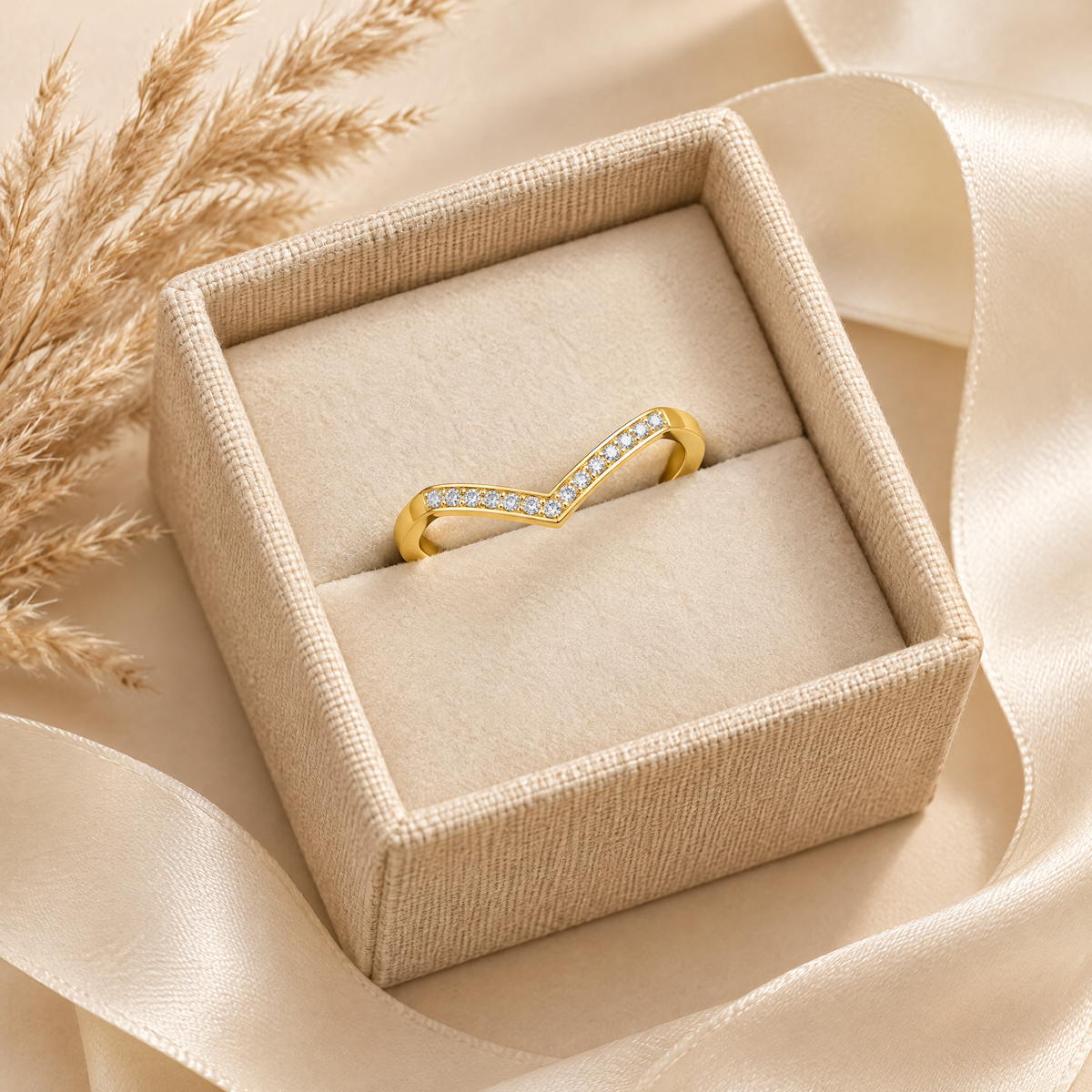 Chevron V Moissanite Wedding Band, 14K Gold Filled, presented in a box