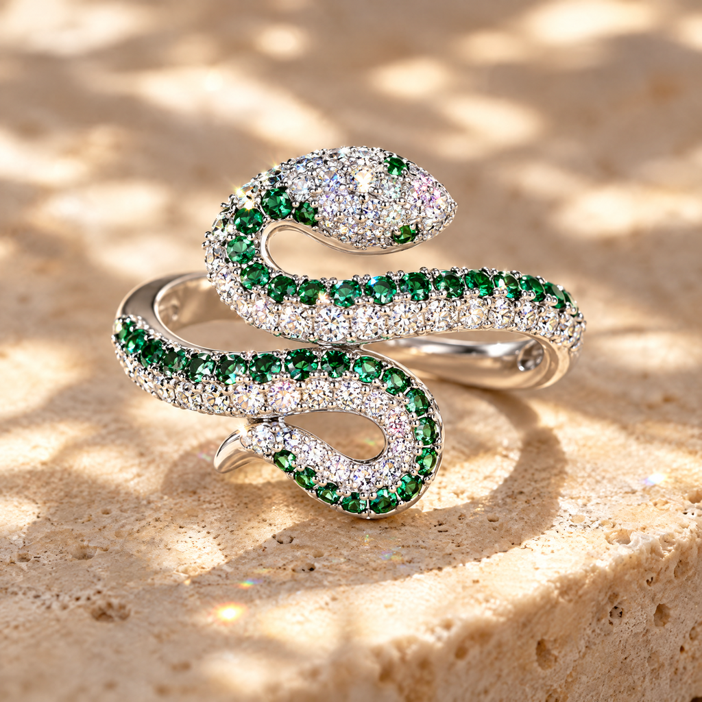 Circé Moissanite Coiled Snake Ring, close-up detail