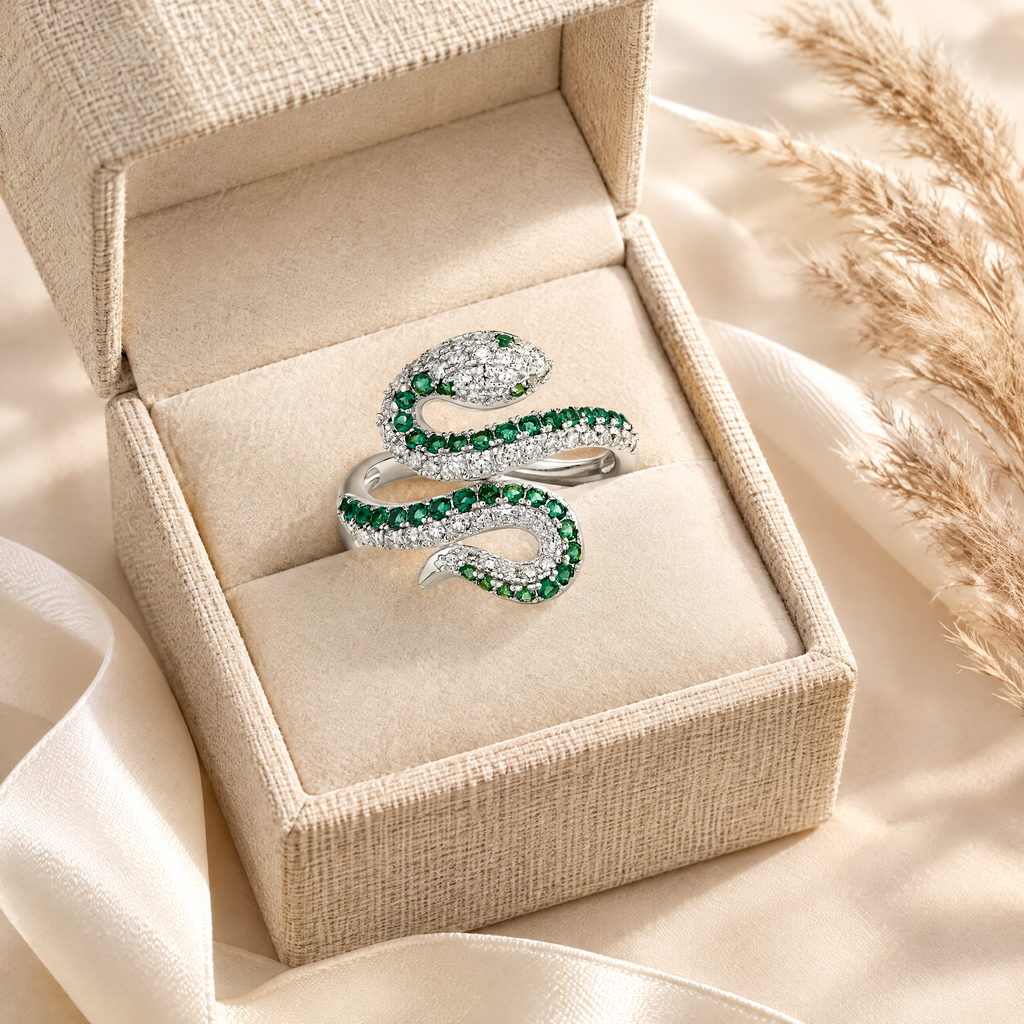 Circé Moissanite Coiled Snake Ring, presented in a box