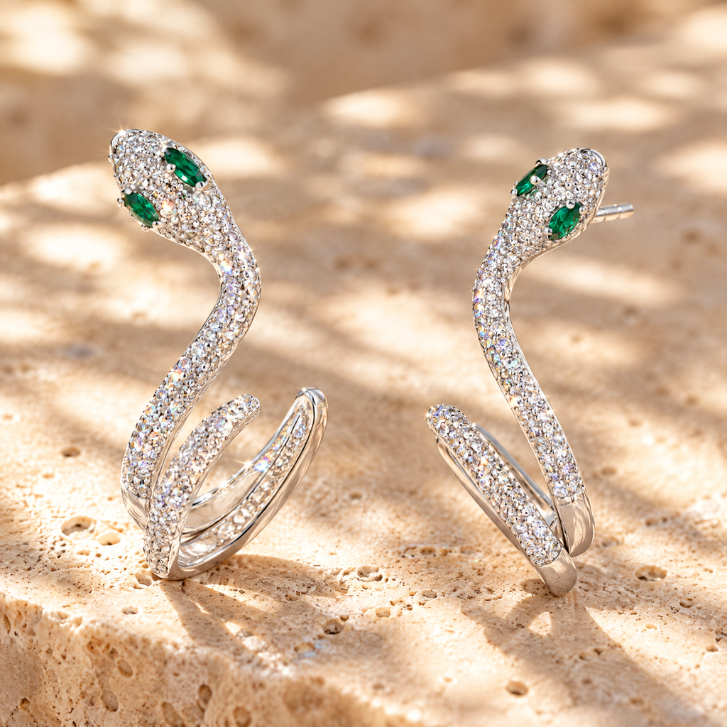 Circé Moissanite Snake Ear Climbers, close-up detail